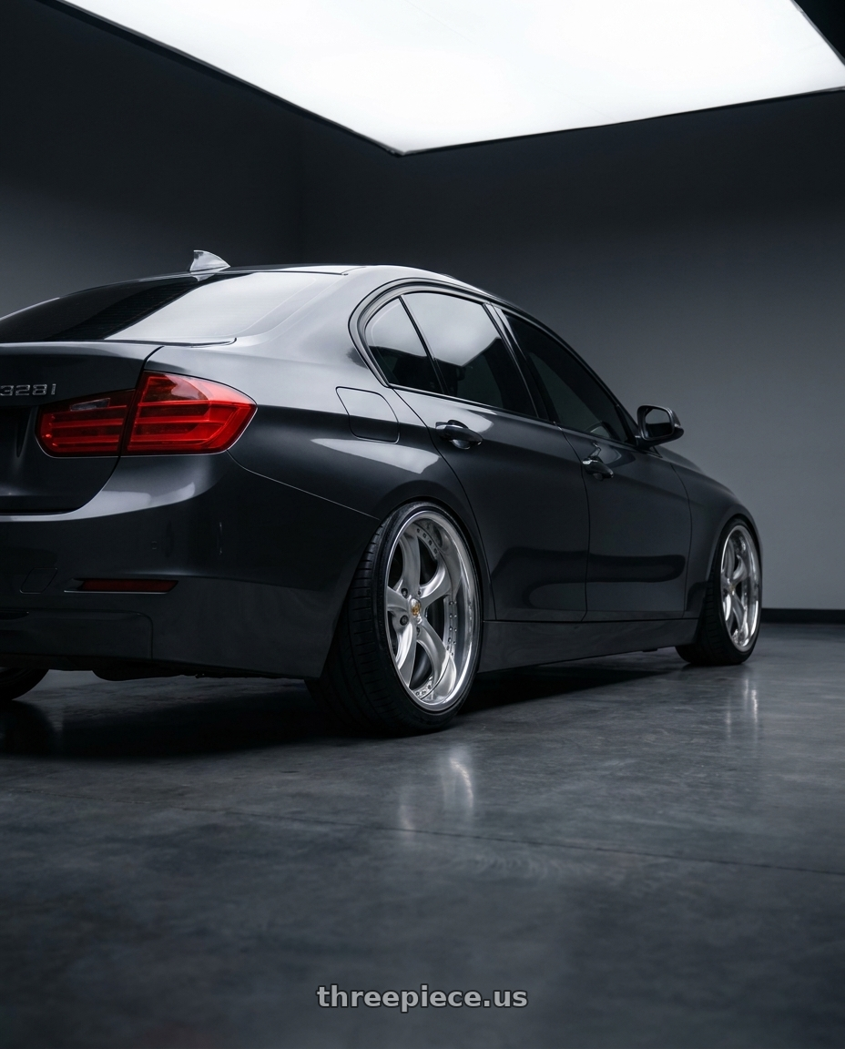 Bmw 328i 2013 xdrive  with Work Wheels VS-KF 5x120 18x12-18 Light Grey Silver R Disk FULL REVERSE wheels rear three quarter view slight stretch tires