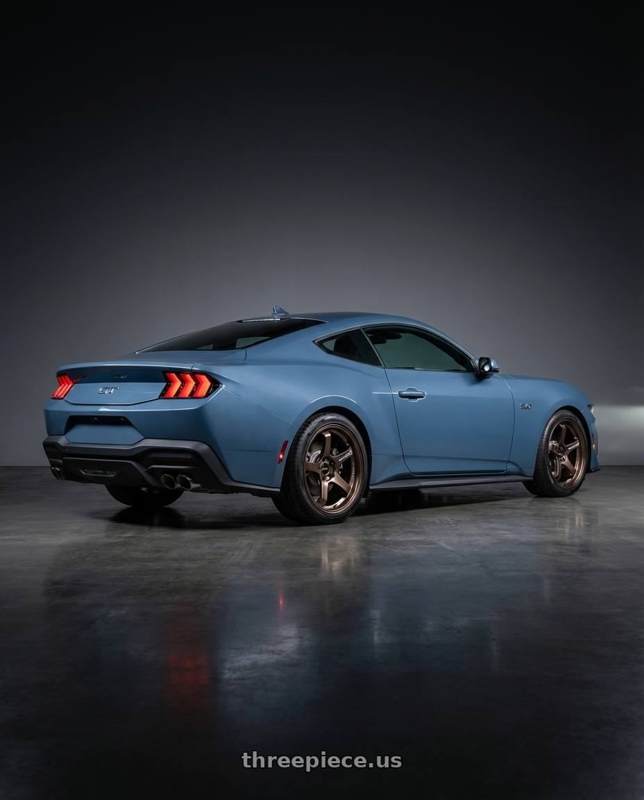 2024 Ford Mustang GT with Advan Racing GT BEYOND 5x114.3 19x9.5 +38 RACING COPPER BRONZE wheels rear three quarter view square tires