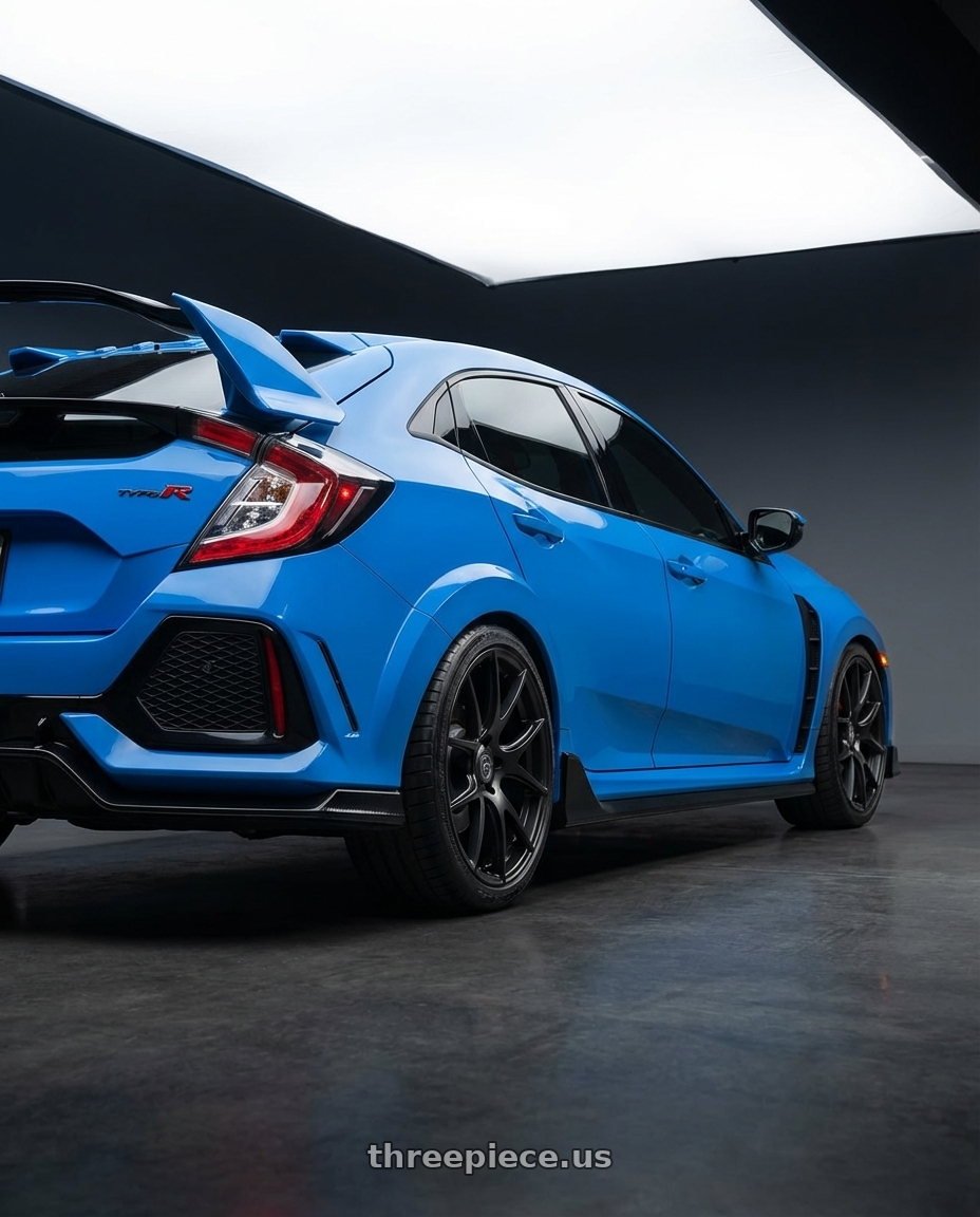 2020 Honda Civic Type R with Forgestar CF5V 5x120 19x9 +38 Satin Black wheels rear three quarter view square tires