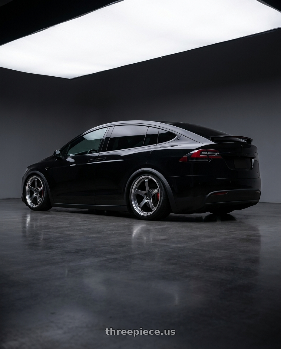 2016 Tesla Model X with Advan Racing GT BEYOND 5x120 20x10.5 +34 MACHINING & HYPER PLATINUM BLACK wheels rear three quarter view square tires