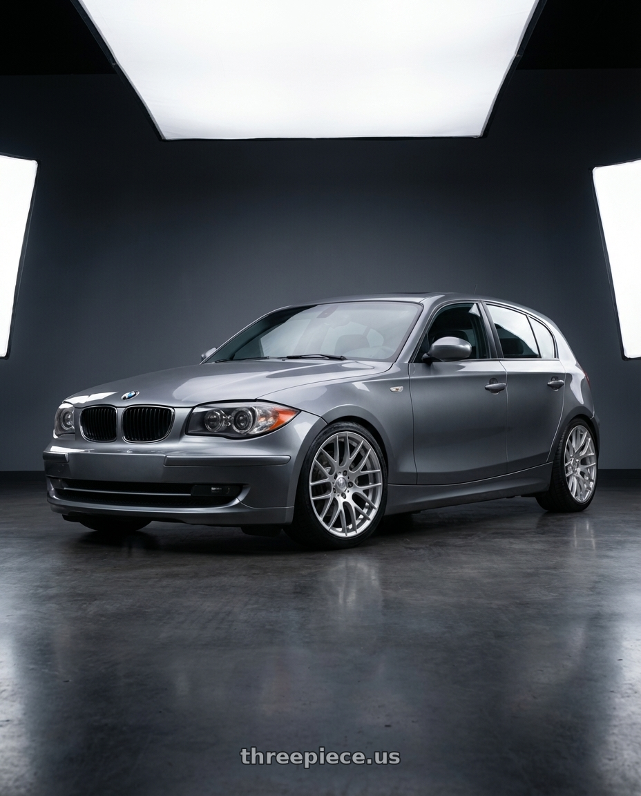 2012 BMW 1 Series E82 with Avant Garde Wheels M359 5X120 18x9.5 +45 Hyper Silver wheels front three quarter view lowered stance