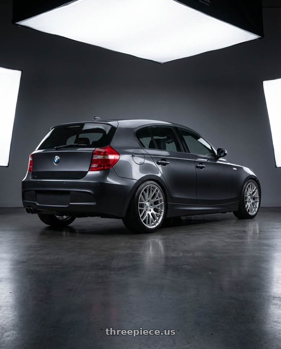 2012 BMW 1 Series E82 with Avant Garde Wheels M359 5X120 18x9.5 +45 Hyper Silver wheels rear three quarter view square tires
