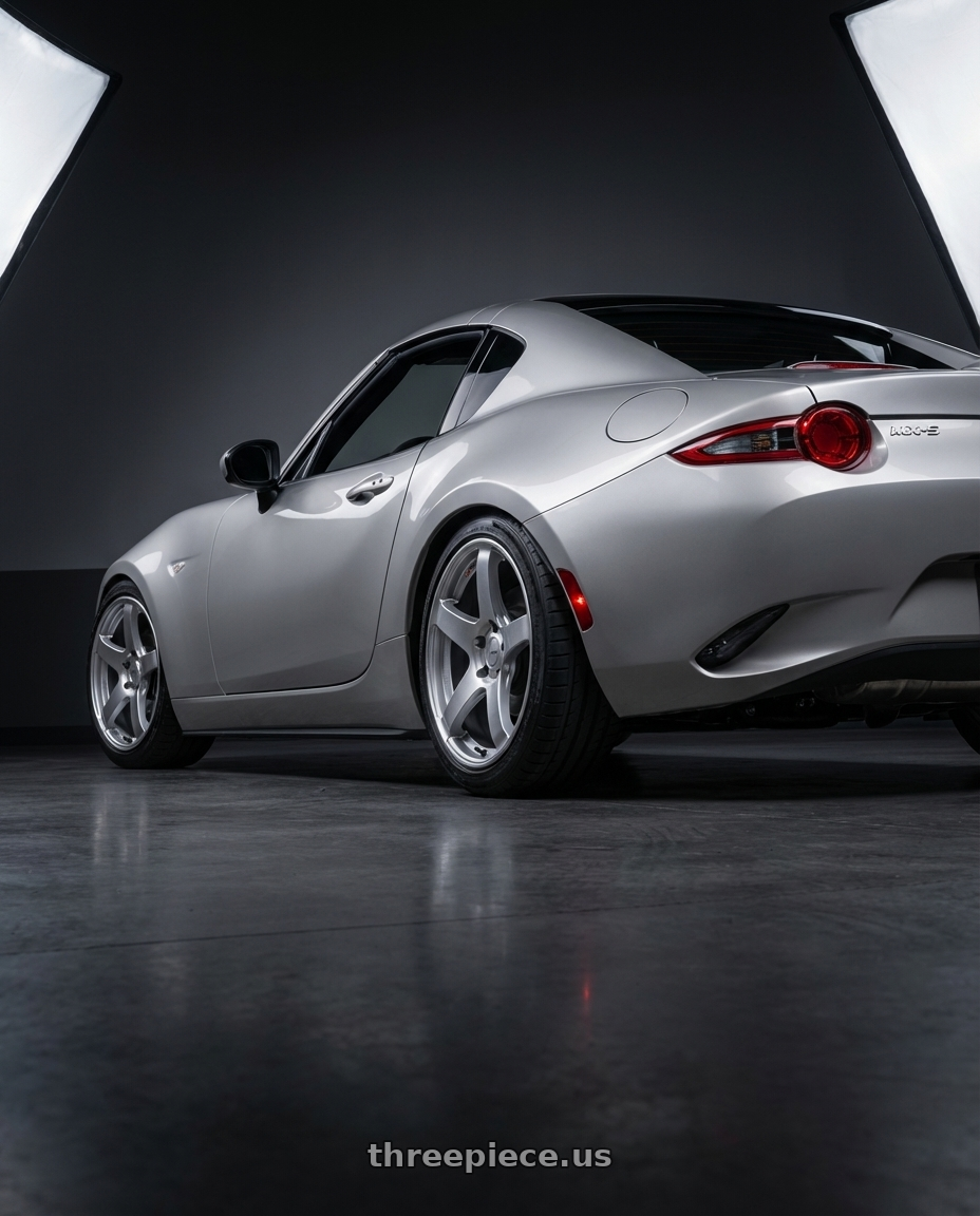 2021 Mazda MX-5 Miata ND with Ssr Gtv01 5x114.3 17x7+42  GLARE SILVER wheels rear three quarter view square tires