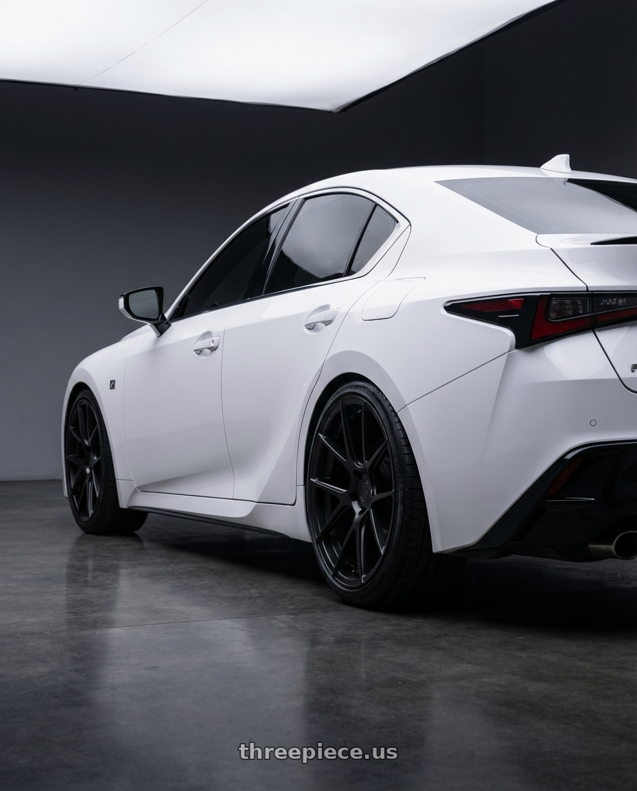 2024 Lexus IS 350 with Avant Garde Wheels M510 5X114.3 19x9.5 +40 Matte Black wheels rear three quarter view square tires