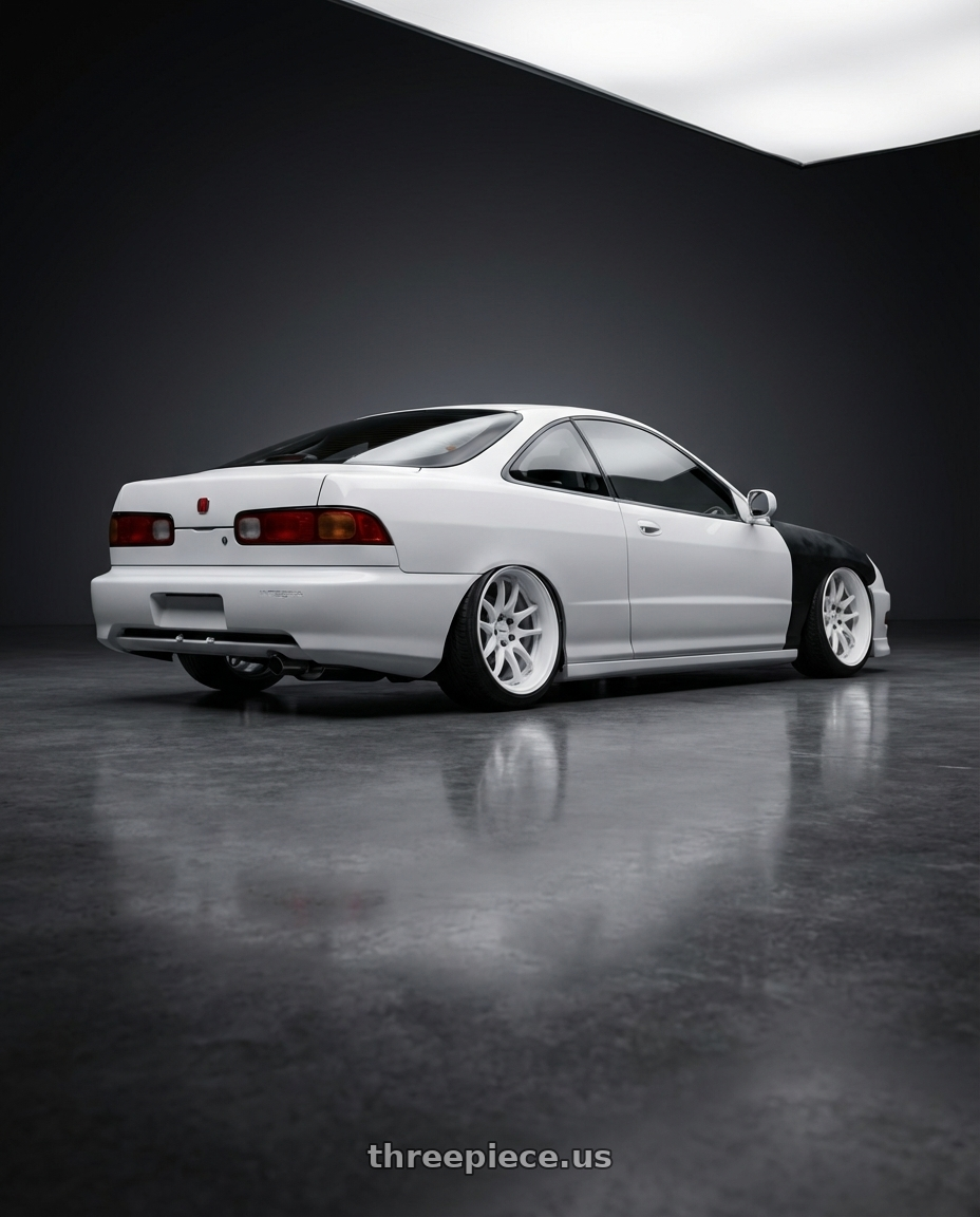 1994 Acura integra type r  with Work Cr 2P 4x100 17x9.5 +45 Gloss White wheels rear three quarter view extreme stretch tires