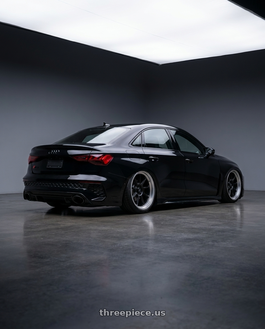 2022 Audi RS3 8Y with Konig Countergram 5x112 19x9.5+30 Matte Black / Matte Machined Lip wheels rear three quarter view slight stretch tires