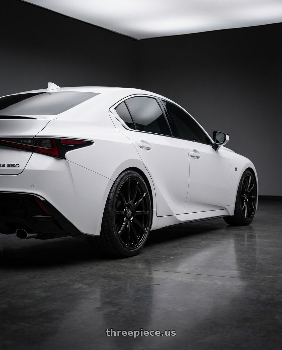 2024 Lexus IS 350 with Forgestar CF10 5x114.3 19x9 +35 Gloss Black wheels rear three quarter view square tires