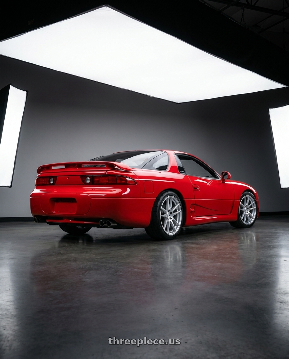 1993 Mitsubishi 3000gt vr4 with MRR GF7 5x114.3 19x8.5  +35 Silver Machine Face wheels rear three quarter view square tires