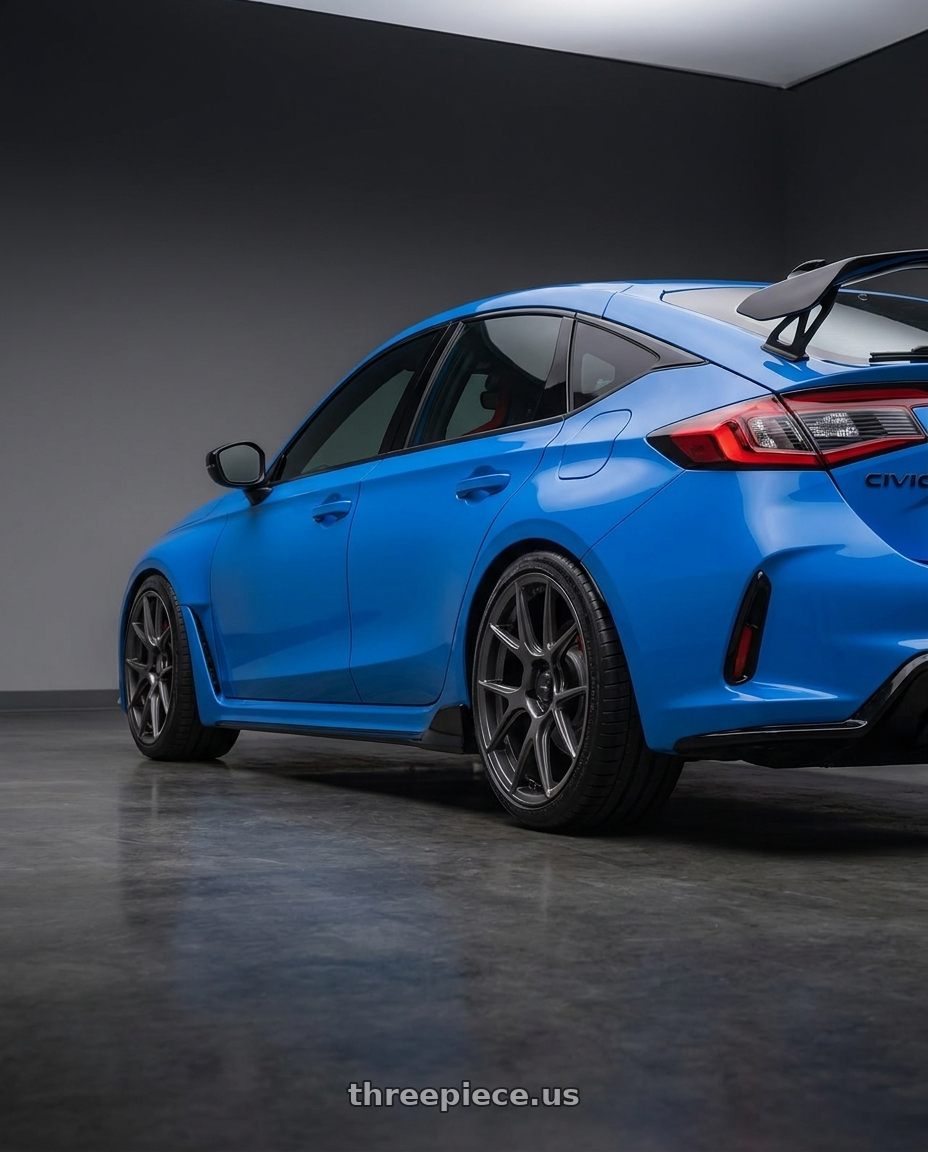 2020 Honda Civic Type R with Konig Ampliform 5x120 19x10+28 Dark Metallic Graphite wheels rear three quarter view square tires