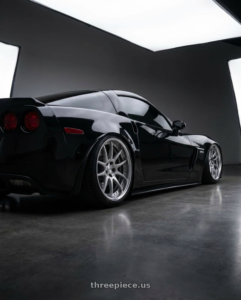 2007 chevy corvette with Work Emotion Cr 3P 5x120.65 20x10+63 L Disk Burning Silver wheels rear three quarter view slight stretch tires