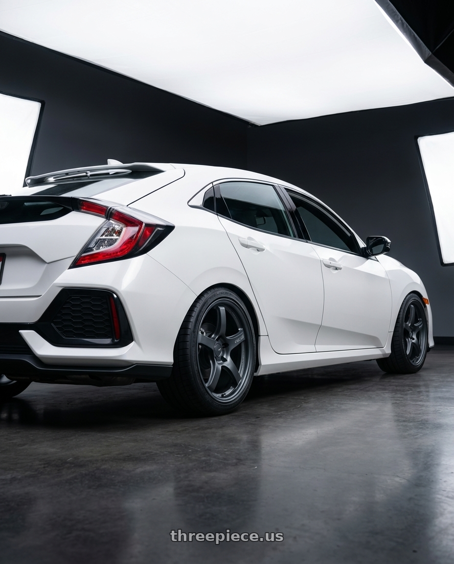 2019 Honda Civic with Gram Lights 57CR 5x114.3 18x8.5+37 Gunblue II wheels rear three quarter view square tires