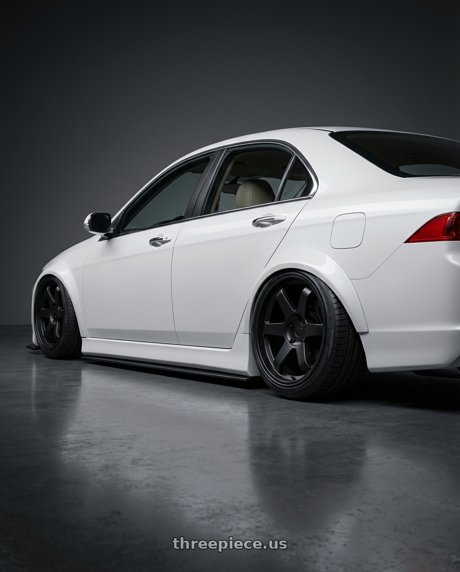 2005 Acura tsx with KATANA RACING KR08 5x114.3 18x8 +40 Matte Black wheels rear three quarter view slight stretch tires