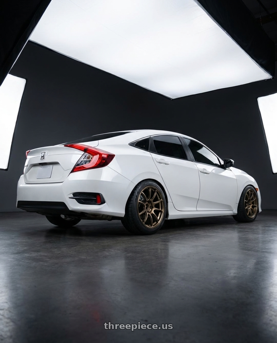 2019 Honda Civic with Advan Racing RZII 5x114.3 18x9.5 +35 RACING BRONZE wheels rear three quarter view meaty tires