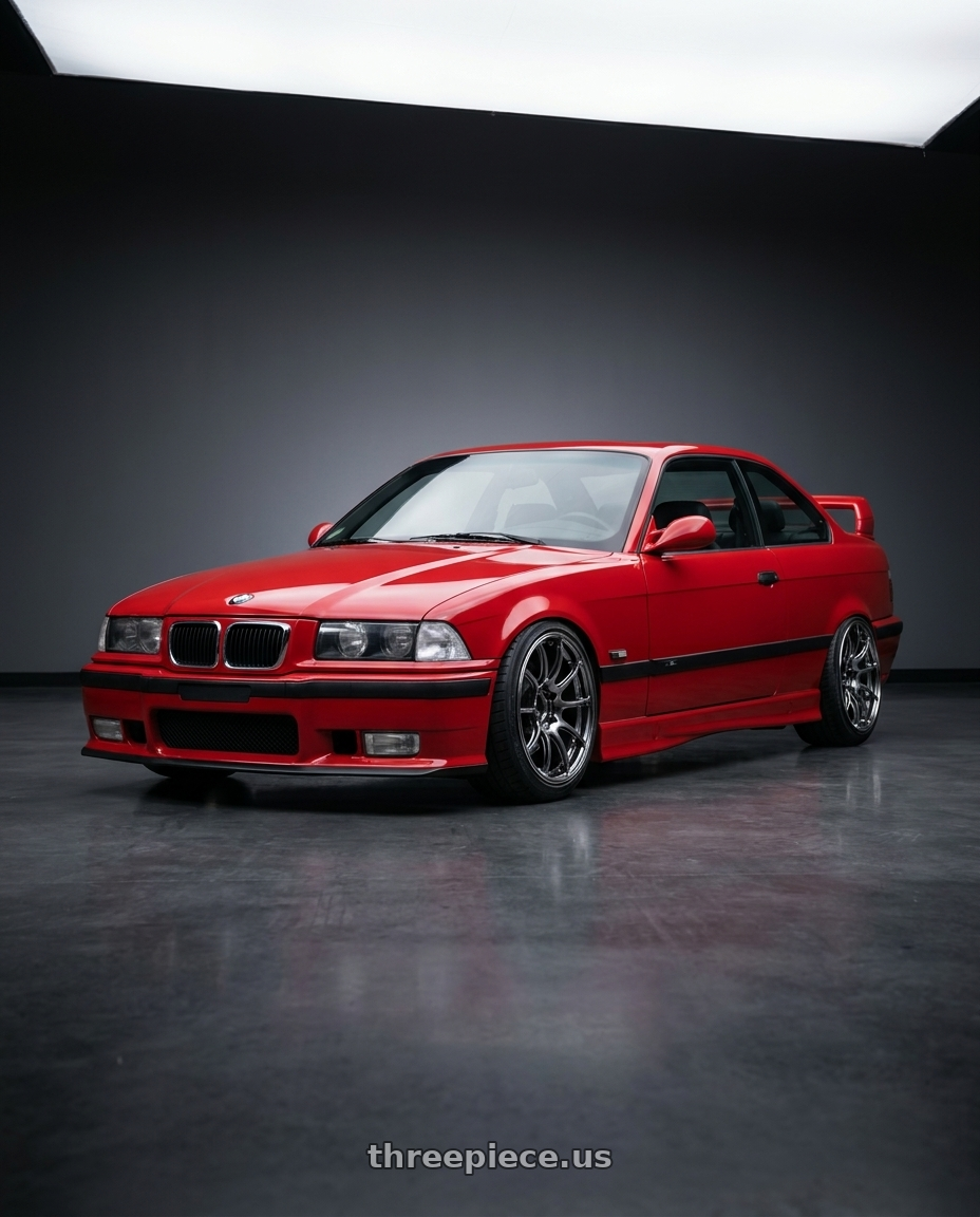 1996 BMW M3 with Advan Racing RZII 5x120 18x8.5 +35 RACING HYPER BLACK & RING wheels front three quarter view lowered stance