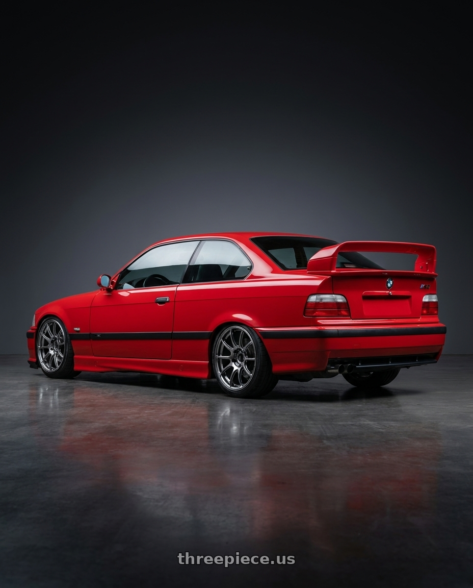 1996 BMW M3 with Advan Racing RZII 5x120 18x8.5 +35 RACING HYPER BLACK & RING wheels rear three quarter view slight stretch tires
