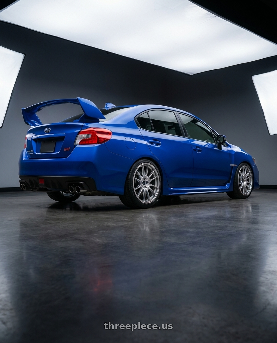 2018 Subaru WRX STI with Enkei GTC02 5x114.3 18x8+45 Hyper Silver wheels rear three quarter view square tires