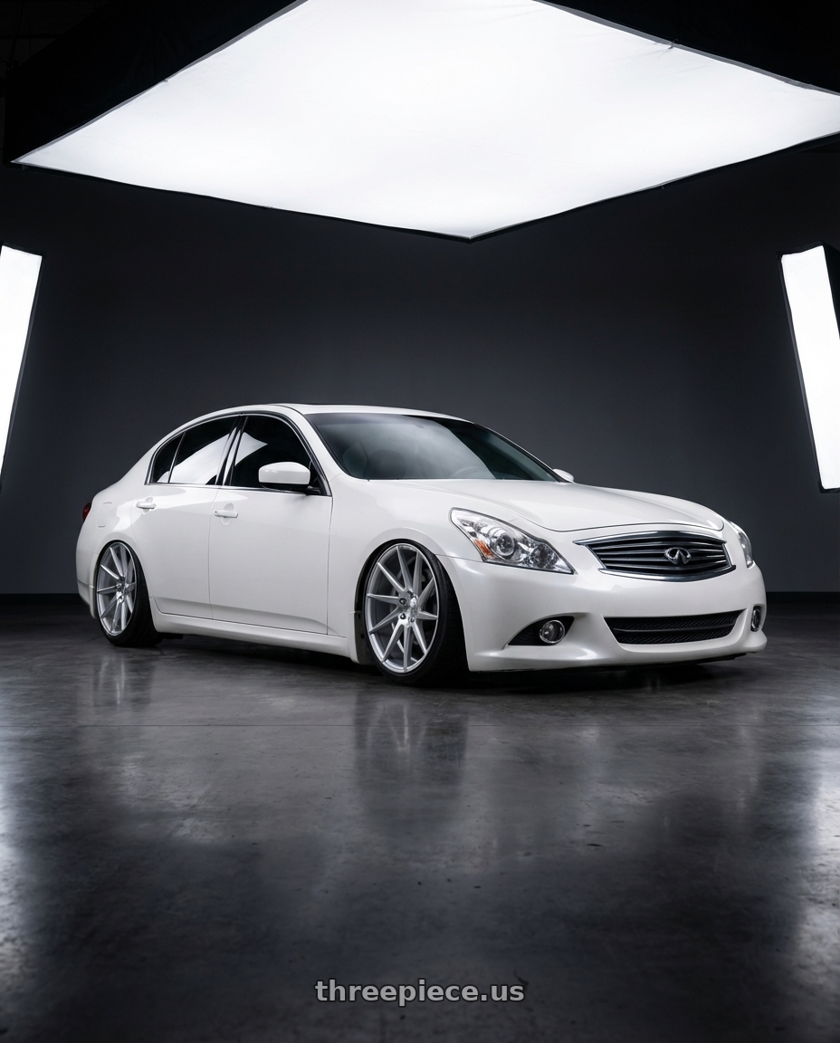 2012 Infiniti G37 with Niche 1PC M112 SURGE 5X114.3 19X8.5 +35 GLOSS SILVER MACHINED wheels front three quarter view stanced stance