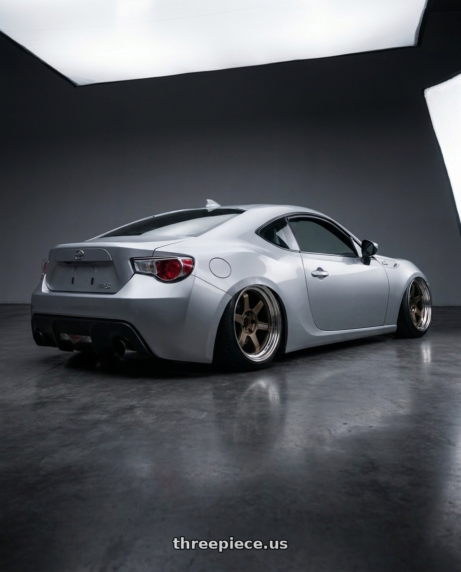2013 Scion FR-S 10 Series with Volk Racing TE37V SPEC-SR 5x100 18x10-25 Shining Bronze Metal / FDMC wheels rear three quarter view slight stretch tires