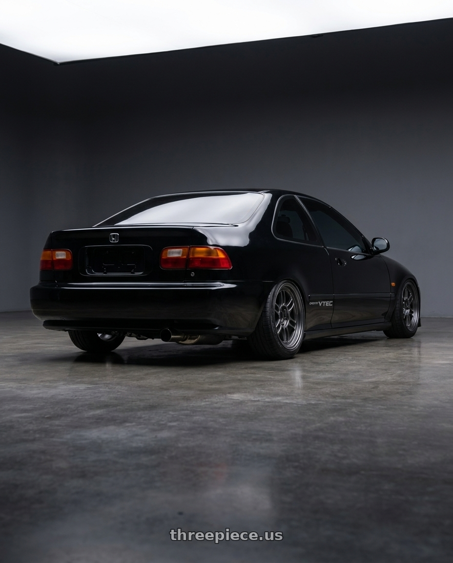 1992 Honda civic EX with Enkei RPF1 4x100 15x8+28 Gunmetal wheels rear three quarter view slight stretch tires