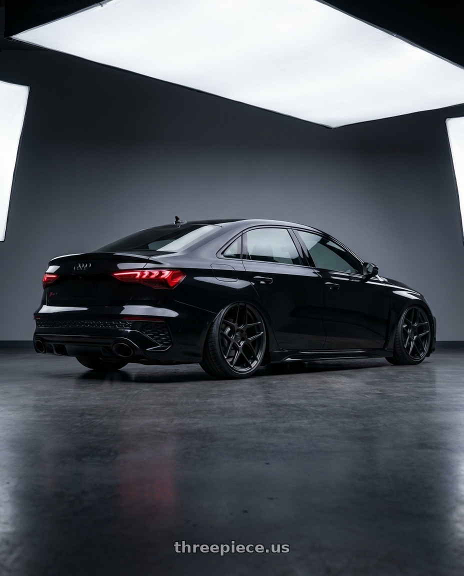 2022 Audi RS3 8Y with Aodhan AFF2 5x112 19x8.5+35 Matte Black wheels rear three quarter view slight stretch tires