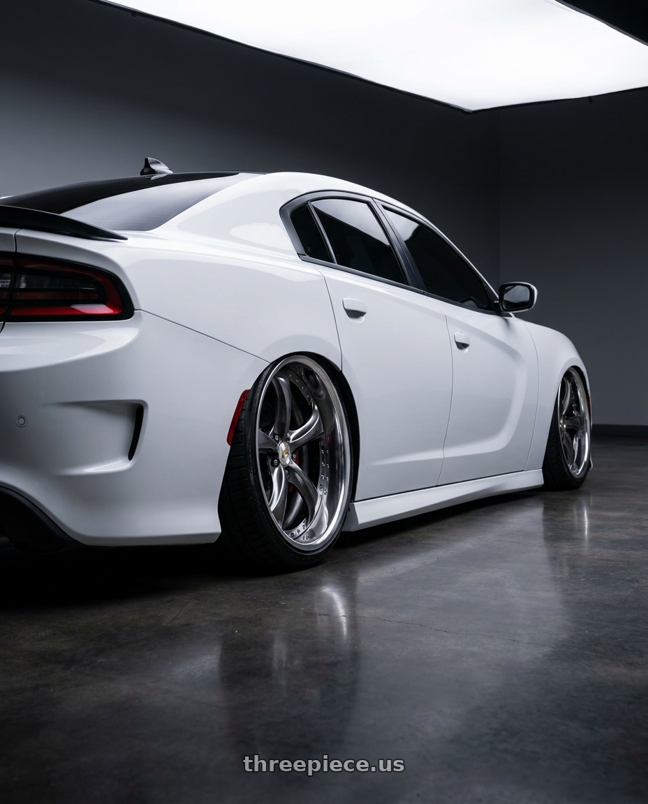 2021 Dodge Charger ScatPack with Work Wheels VS-KF 5x114.3 20x12+78 Brilliant Silver Black A Disk FULL REVERSE wheels rear three quarter view slight stretch tires