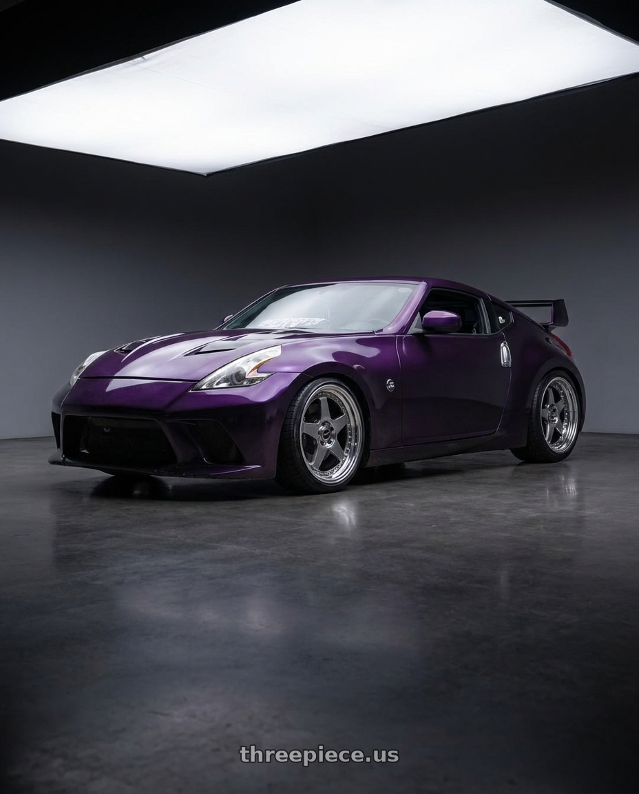 2012 nissan 370z with SSR Professor SP6 5x114.3 19X8.5+43 NR Disk Titan Silver wheels rear three quarter view square tires