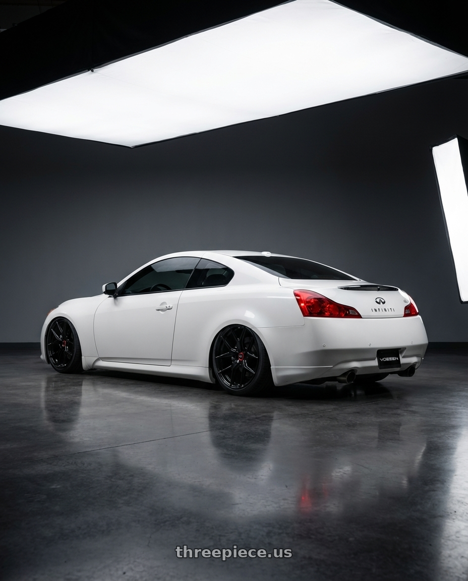 2014 Infiniti G37 Coupe with Vossen HF-5 19x9.5 / 5x114.3 / ET40 / Deep Face / 73.1 - Gloss Black Wheel - HF5-9N63 wheels rear three quarter view slight stretch tires