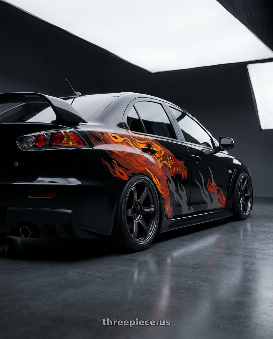 2015 mitsubishi lancer evolution adesivado with Volk Racing TE37 Saga S-Plus 5x100 18x7.5+48 Diamond Dark Gunmetal wheels rear three quarter view square tires