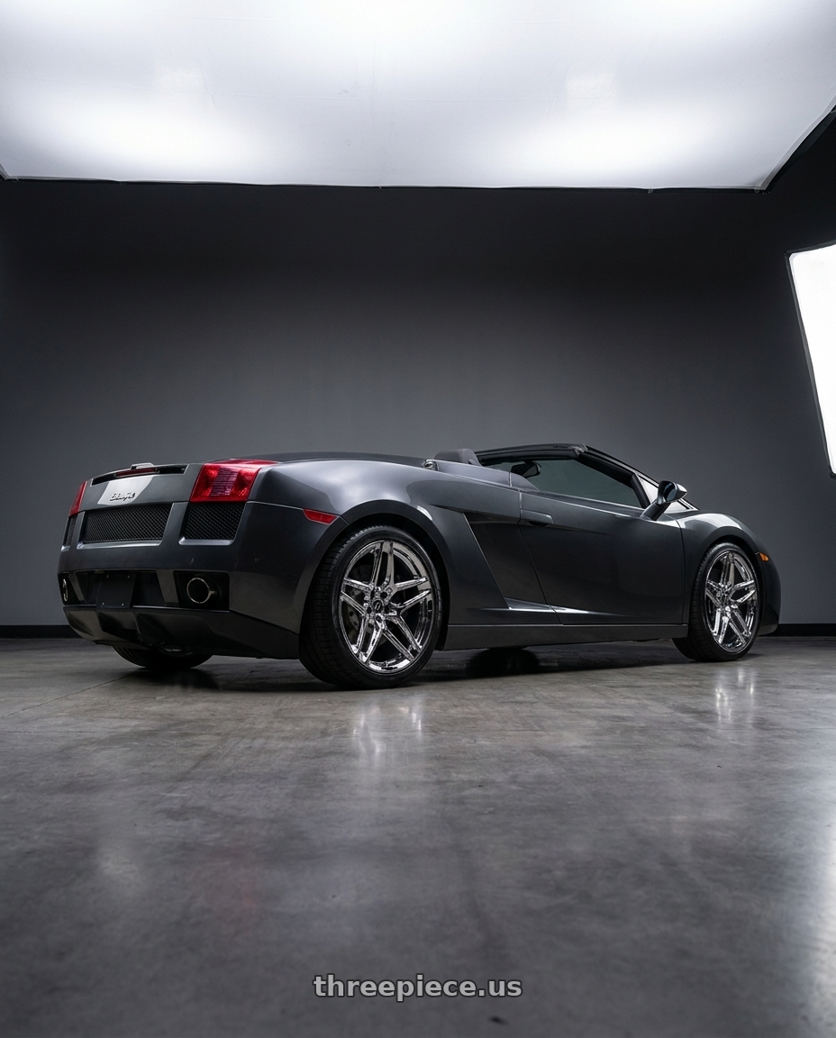 2007 Lamborghini gallardo with HERITAGE WHEEL EBISU MONOC 5x112 19x8.5 +35 CHROME wheels rear three quarter view square tires