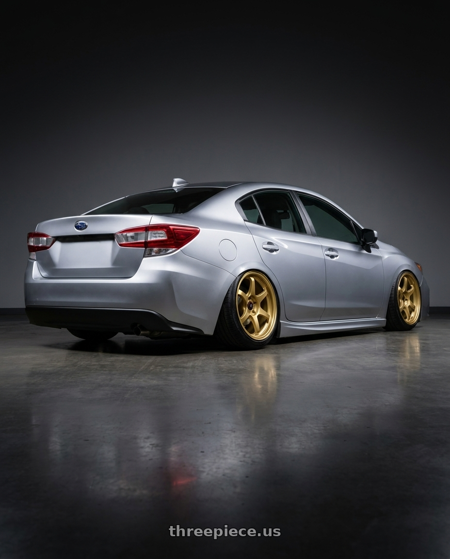2017 Subaru Impreza with Enkei PF06 5x114.3 18x10.5+45 Gold wheels rear three quarter view slight stretch tires