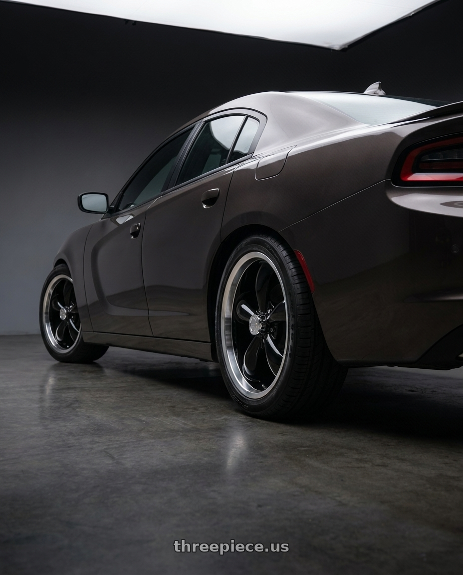 2021 Dodge Charger SXT with Vision American-Muscle 142 Legend 5x115 18x8.5+20 Gloss Black Machined Lip wheels rear three quarter view square tires