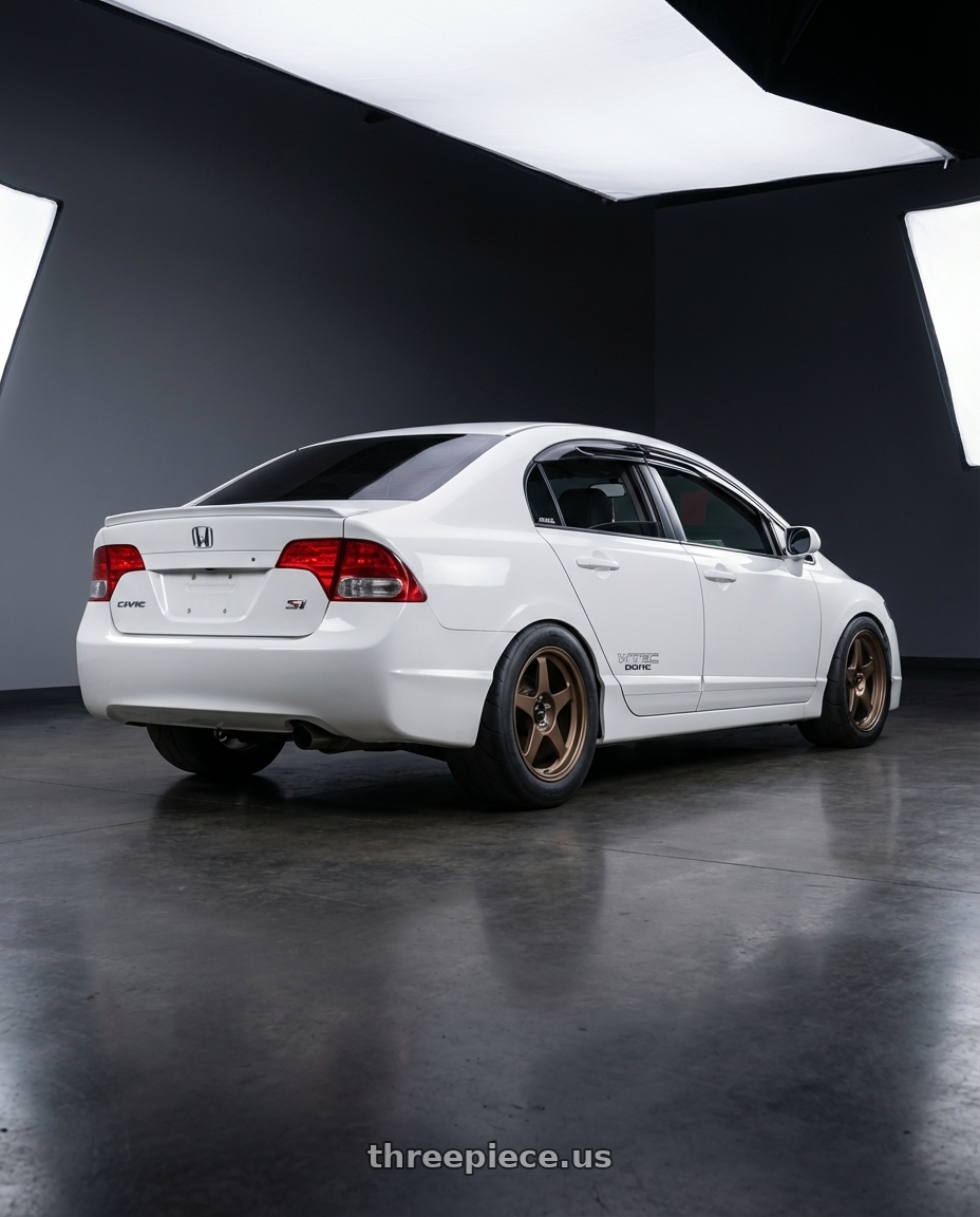 2008 Honda Civic SI with R6061 Forged R1 5x114.3 18X8.5 +35 Matte Bronze wheels rear three quarter view excessive tires