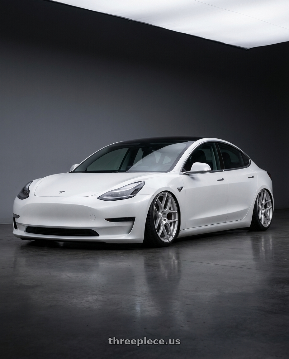 2023 Tesla Model 3 with Aodhan AFF2 5x114.3 19x9.5+35 Gloss Silver Machined Face wheels front three quarter view stanced stance