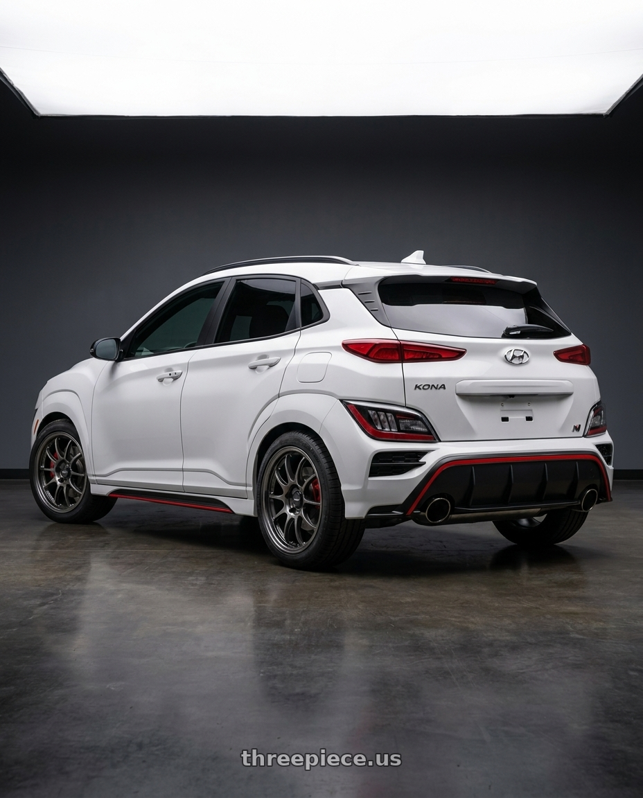 2022 Hyundai Kona N  with Enkei PF01EVO 5x114.3 18x9+45 SBK wheels rear three quarter view square tires