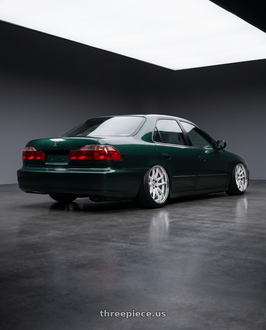 1999 Honda accord with Work Cr 2P 4x100 17x10.0 +12 Gloss White wheels rear three quarter view slight stretch tires