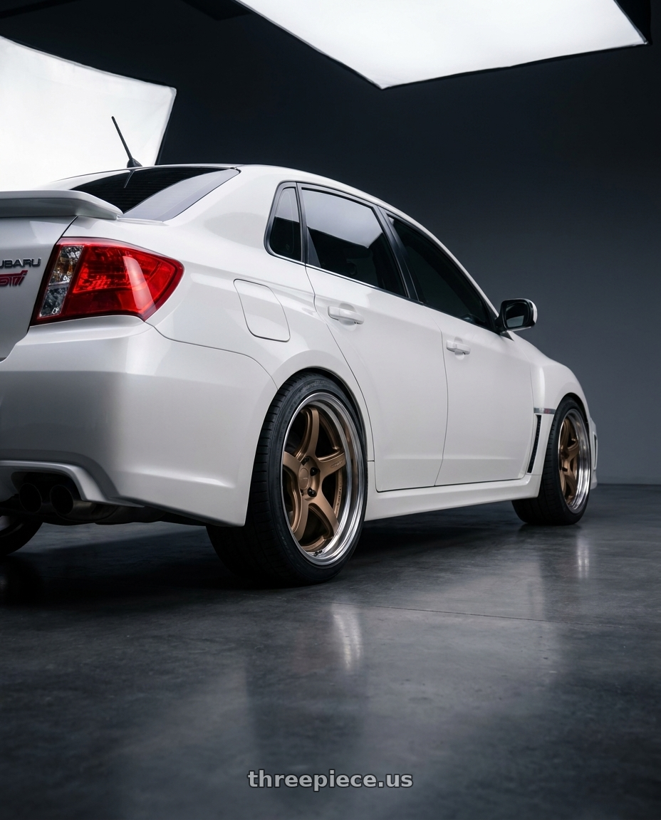 2011 Subaru sti sedan  with Work T5R 2P 5x114.3 18x9.0 +45 Matte Bronze wheels rear three quarter view square tires