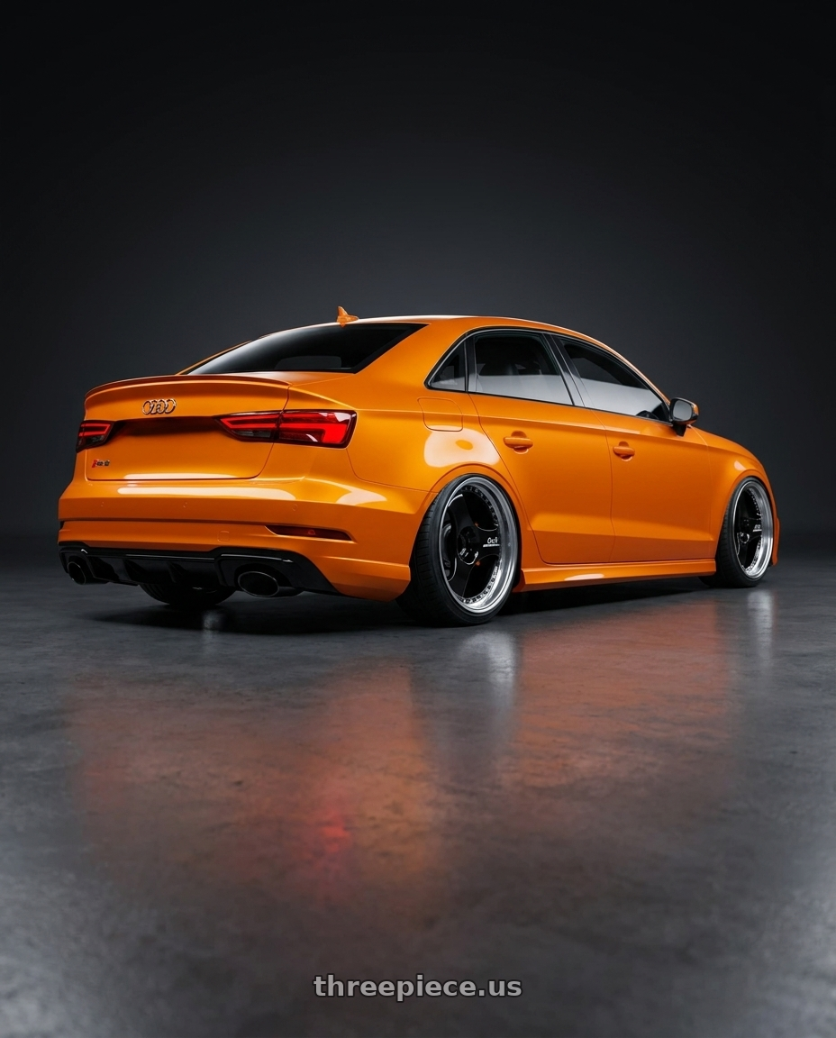 2017 Audi RS3 with Advan Racing ONI2 PROGRESSIVE 5x112 20x10.5 +32 MACHINING & RACING GLOSS BLACK wheels rear three quarter view extreme stretch tires