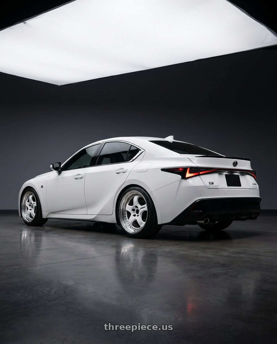 2023 Lexus IS 350 F Sport  with Work Meister S1 3P 5x114.3 19x8.5+38 R Disk White wheels rear three quarter view square tires