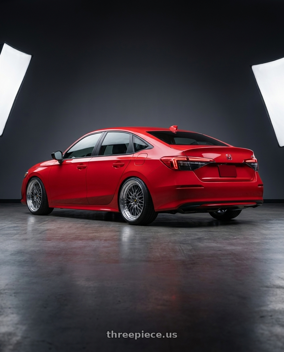 2026 Honda Civic Si with Work Vs-Xv 5x100 18x9.5+34 A Disk Brilliant Silver Black wheels rear three quarter view slight stretch tires