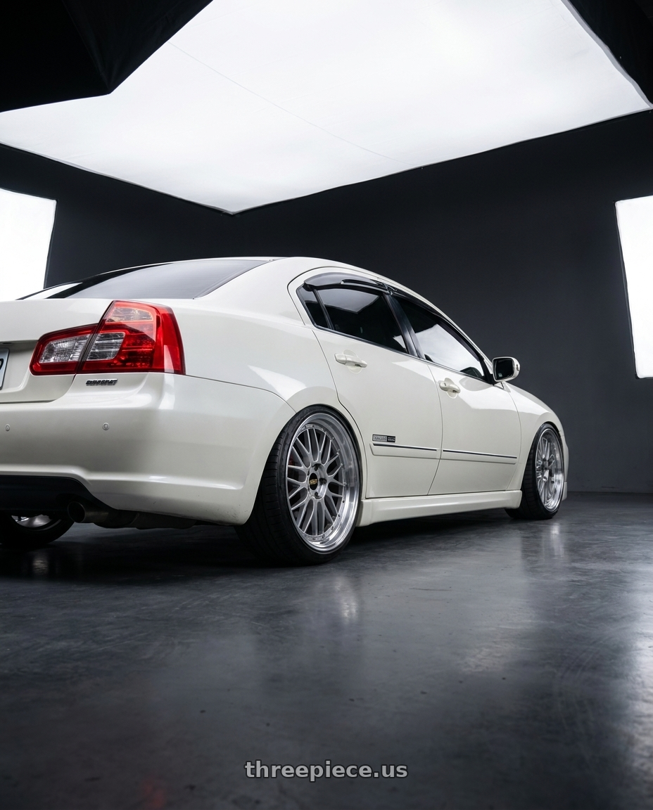 2007 Mitsubishi Galant Grunder (Taiwan version) white color  with BBS LM 5x114.3 19x8.5+43 Diamond Silver wheels rear three quarter view slight stretch tires