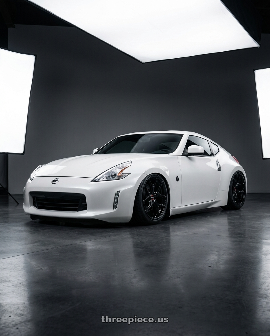 2019 Nissan 370Z with Vossen HF-5 19x9.5 / 5x114.3 / ET40 / Deep Face / 73.1 - Gloss Black Wheel - HF5-9N63 wheels front three quarter view stanced stance