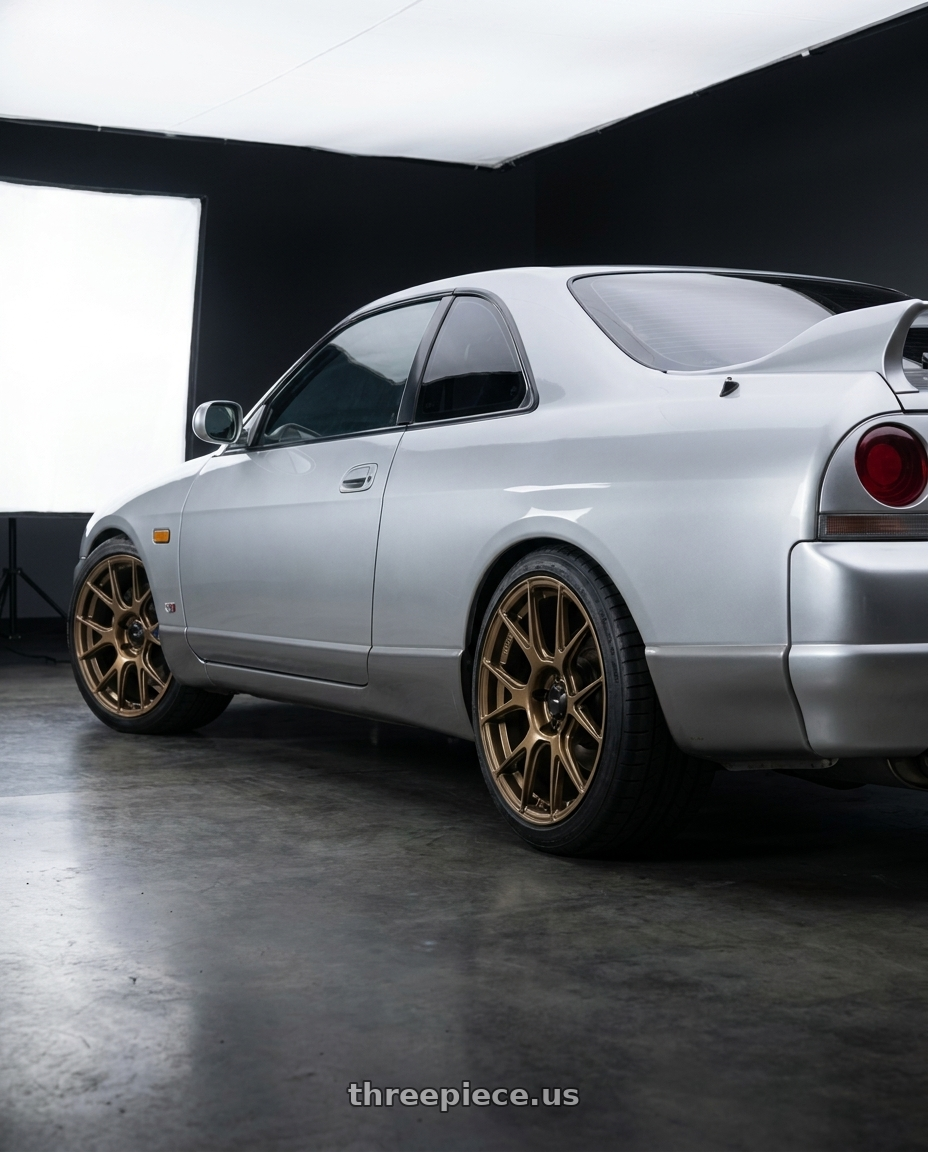 1993 nissan skyline gts25t with Konig Ampliform 5x114.3 18x9.5+25 Gloss Bronze wheels rear three quarter view square tires