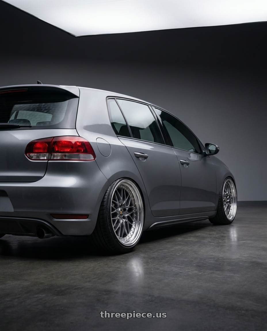 2012 vw gti with Work Vs-Xv 5x112 18x8.5+47 A Disk Brilliant Silver Black wheels rear three quarter view slight stretch tires