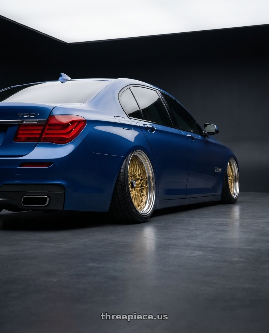 2015 BMW 750i with SSR Formula MESH 5x100 19X11.5+0 HP Disk Fm Gold wheels rear three quarter view extreme stretch tires