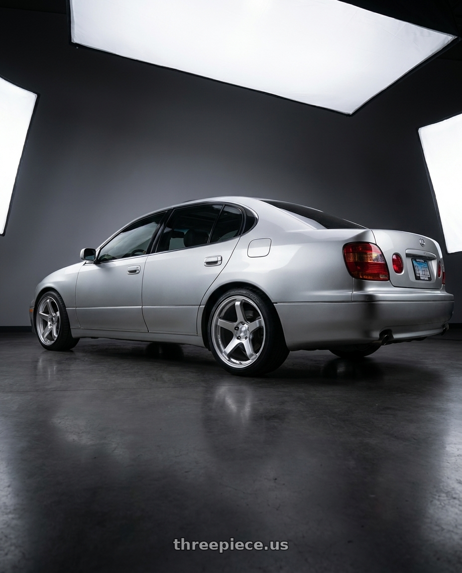 2001 lexus gs300 with KATANA RACING HR05 5x114.3 18x9.5 +38 Hyper Silver wheels rear three quarter view square tires