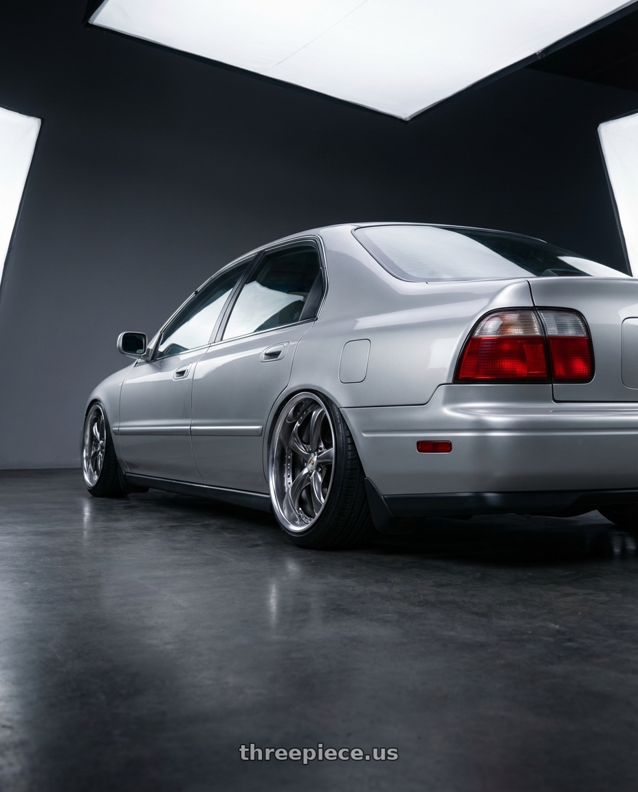 1997 honda accord SE CD5 with Work Wheels VS-KF 5X114.3 19x7.5+40 Brilliant Silver Black O Disk FULL REVERSE wheels rear three quarter view extreme stretch tires