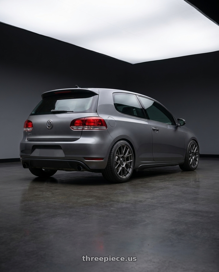 2013 Volkswagen GTI MK6 with Konig Ampliform 5x112 18x8.5+43 Dark Metallic Graphite wheels rear three quarter view square tires