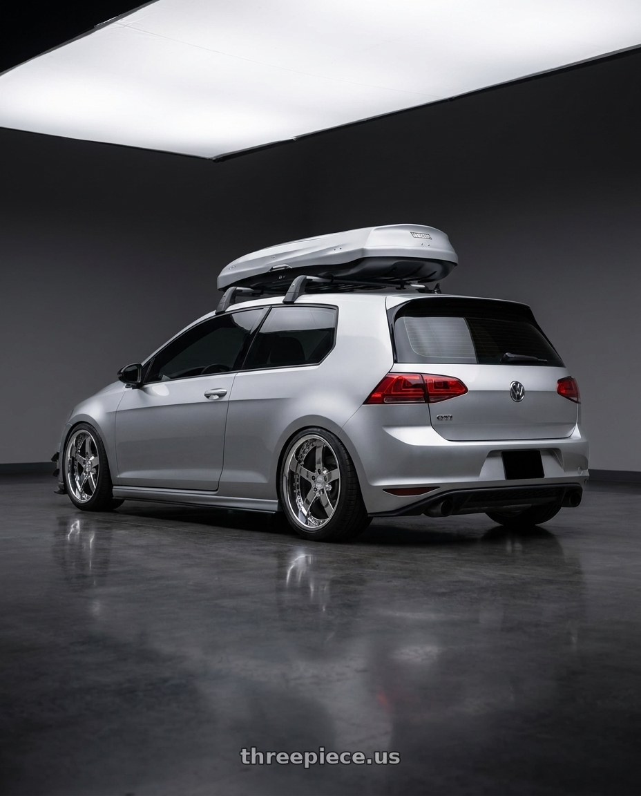 2015 VW GTI with Work Equip E05 5x112 19x9+40 o disk 3d Chrome wheels rear three quarter view square tires
