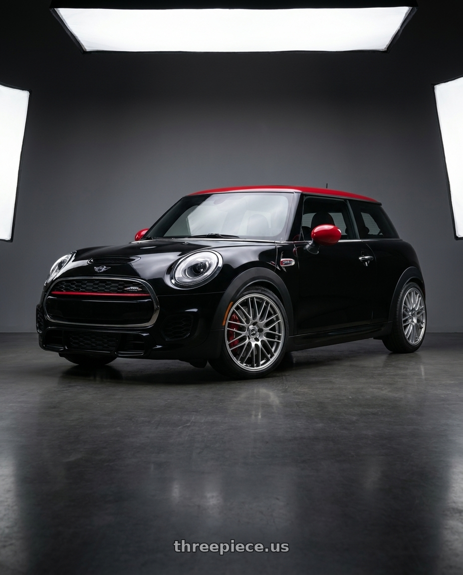 2017 Mini Cooper John Cooper Works with Enkei EKM3 5x112 18x8+45 Hyper Silver wheels front three quarter view stock stance