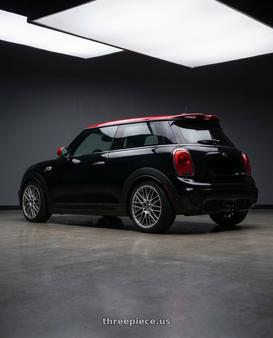 2017 Mini Cooper John Cooper Works with Enkei EKM3 5x112 18x8+45 Hyper Silver wheels rear three quarter view slight stretch tires